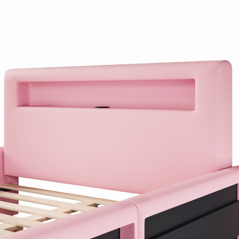 Lit plateforme tapissier avec tiroir, DEL et USB, Lit double, Rose