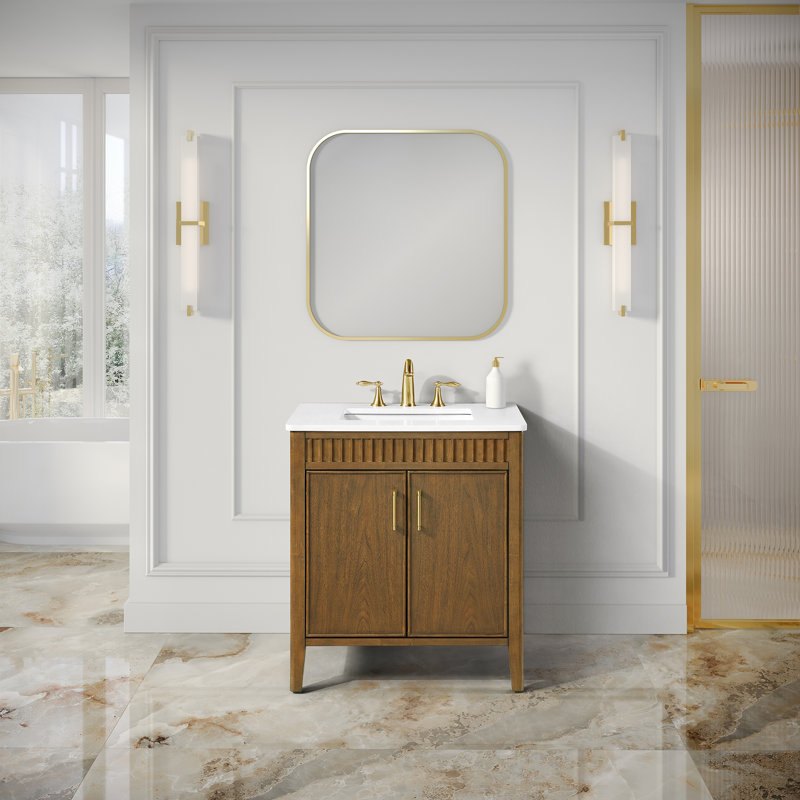 OVE Decors Juliette 30 In. Single Sink Freestanding Warm Walnut Bathroom Vanity With White Quartz Top And Brushed Gold Hardware