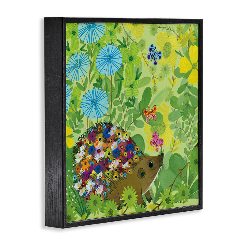 Joyeux hérisson et fleurs, giclée encadrée, design par Kay Widdowson, Giclée encadrée noir minuit, H 12 po x l 12 po