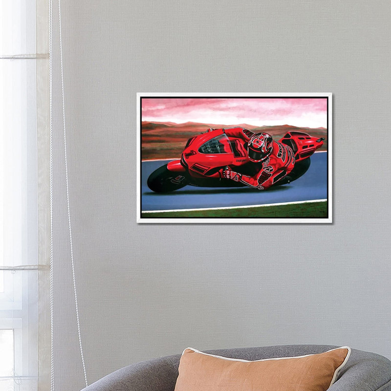 Casey Stoner On Ducati by Paul Meijering - Painting on Canvas, 66.04 cm H x 45.72 cm W, White Framed