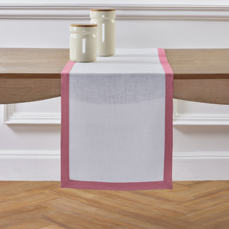 Classic - 100% Pure Linen Table Runner, 48" x 14", Pink Carnation/White, Narrow Border