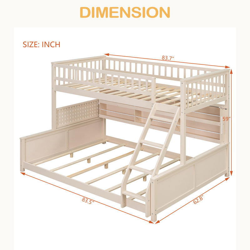 Twin XL Over Queen Bunk Bed With Integrated Shelving, Color-Changing Lights And Pegboard, Beige