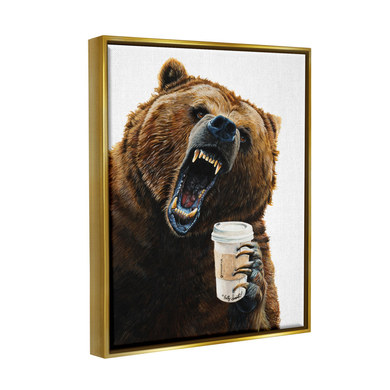 «Roaring Bear» avec café encadré sur bois, impression, H 31 po x l 25 po x P 1,7 po, Cadre flottant métallique doré