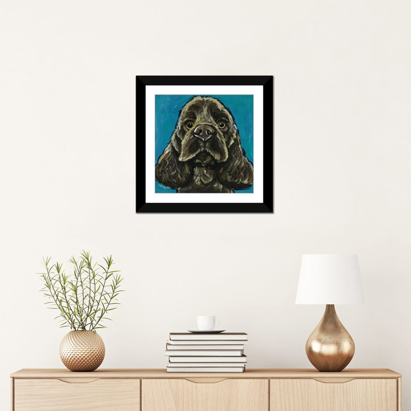«Cocker Spaniel On Teal» par Hippie Hound Studios, impression sur toile tendue, H 16 po x l 16 po x P 1 po, Blanc