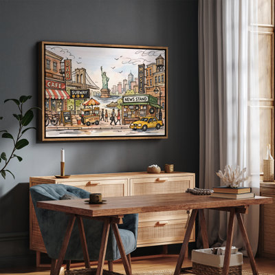 Charming City Street Scene with Statue and Everyday Life Framed Print Wall Art