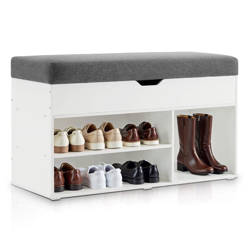 7 Pair Shoe Storage Bench with Cushion, 37" Width Entryway Shoe Bench with Hidden Storage, White