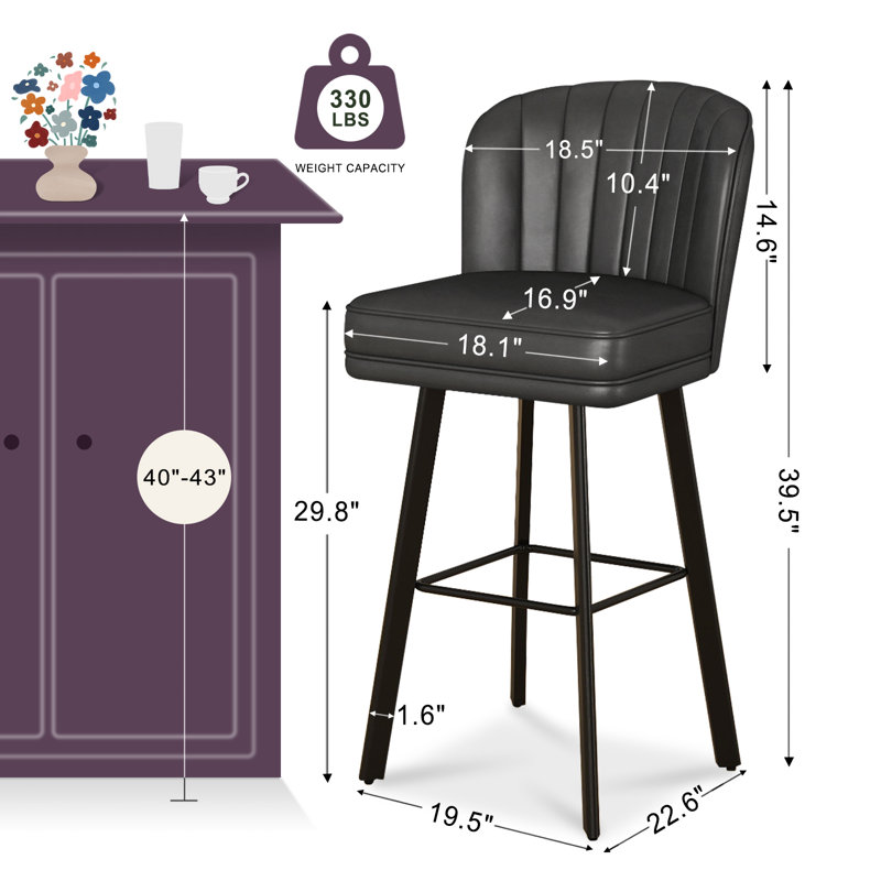 30" Swivel Counter Height Bar Stools with Backs, Kitchen Island Stools with Channel-Tufted Shell Back, Padded Seat and Metal Legs with Footrest