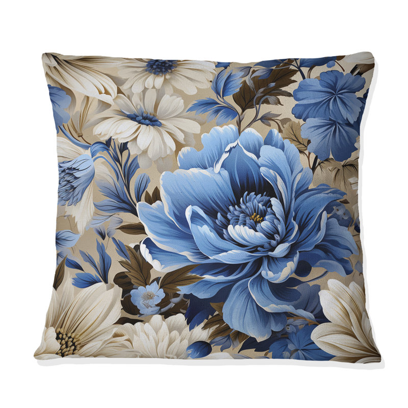 Coussin décoratif à motif floral V - Renaissance Blue Florals, H 18 po x l 18 po