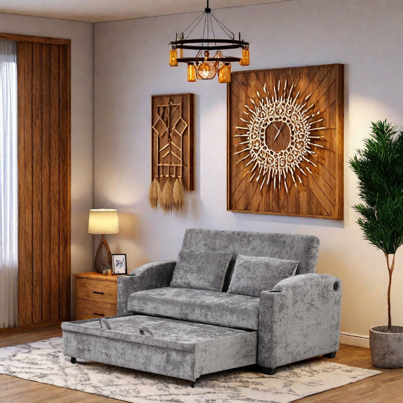 Canapé-lit escamotable avec dossier réglable, tissu chenille, 2 ports de chargement USB, porte-gobelets et 2 coussins décoratifs amovibles - causeuse compacte