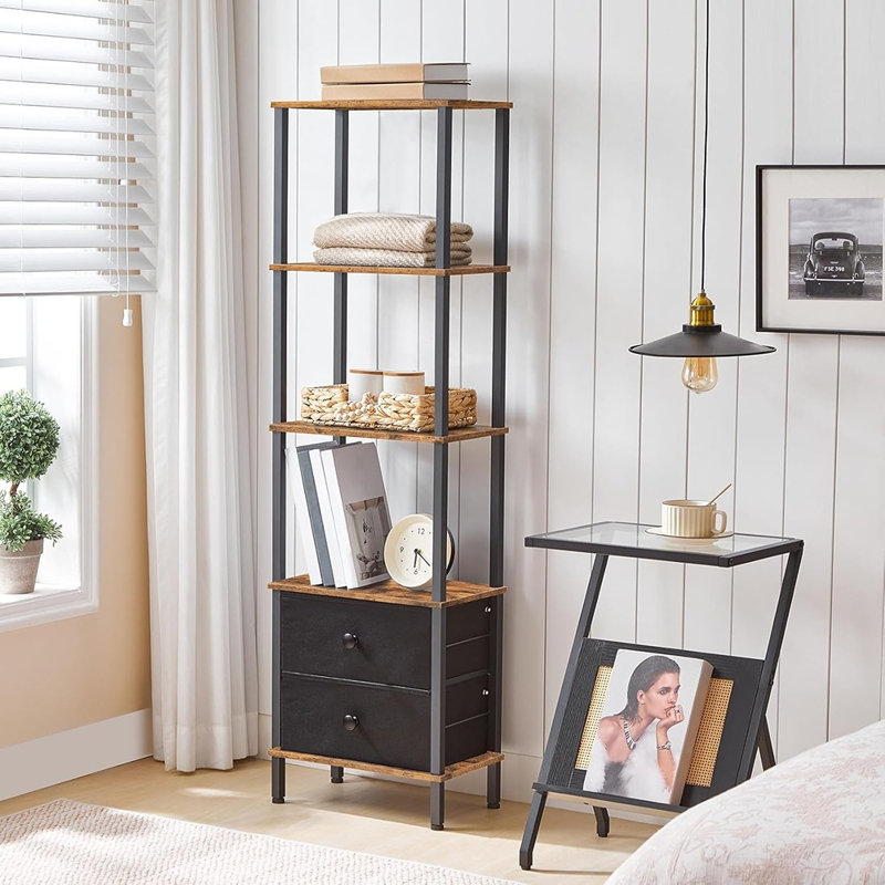 5-Tier Corner Bookshelf, Industrial Corner Shelf With Dra...
