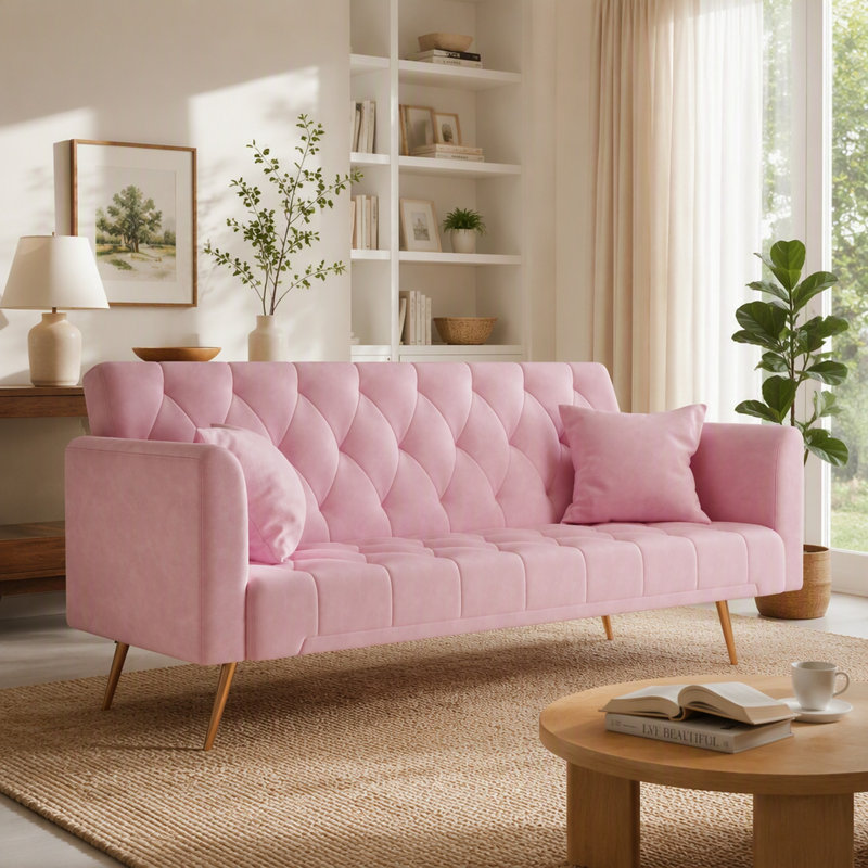 Canapé-lit deux places de 180 cm en velours rose, style rétro américain, idéal pour un petit salon, une chambre ou un bureau.