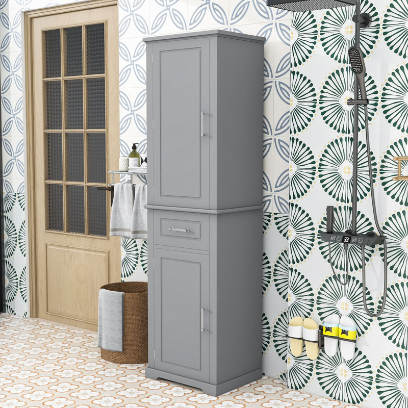 Tall Bathroom Cabinet with Adjustable Shelves, 2 Doors, Drawer and Anti-Tip Safety, Gray