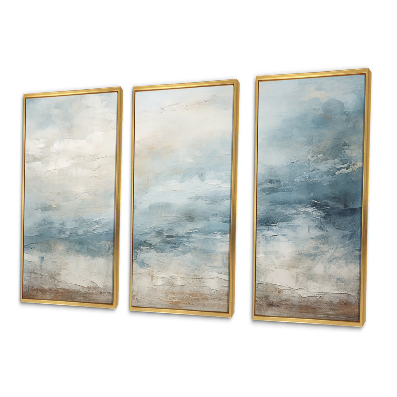 «Beige Blue Ocean Storm I», ensemble d'art sur toile à formes abstraites, H 32 po x l 48 po, Cadre flottant doré