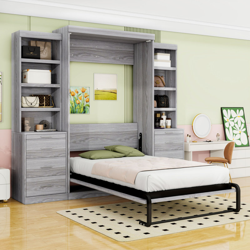 Lit escamotable double en bois avec tablettes de rangement et tiroirs