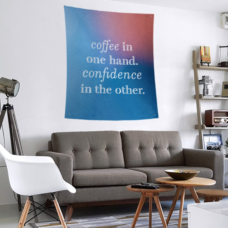 Tapisserie de polyester à citation de café et de confiance en polyester, H 80 po x l 68 po, Bleu / rose