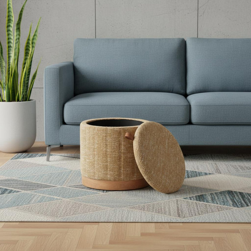 Pouf rond de 50 cm (20 po) en bois jaune et naturel et revêtement, avec rangement