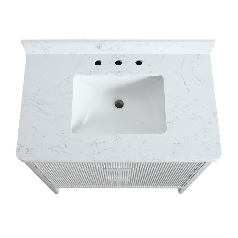 Solid wood Modern Freestanding Single Sink Bathroom Vanity with Engineered Marbl Top, Light Gray, 36"