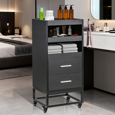 Black Salon Trolley Cart With Wheels And 2 Drawers, 2 Compartments, 3 Metal Tool Holders