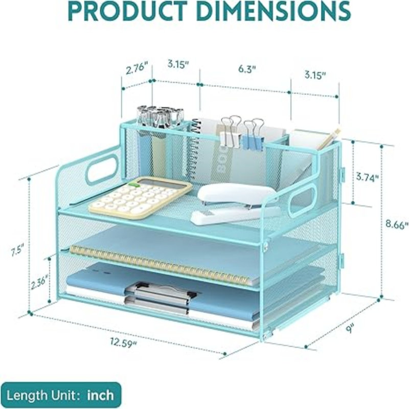 Organisateur de bureau à 3 niveaux avec poignée et 3 porte-stylos, Bleu