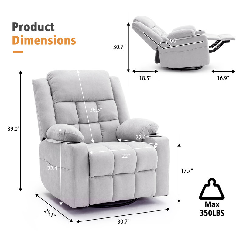 Red Barrel Studio Electric Power Swivel Rocker Recliner Chair with Heat and Massage, Gray