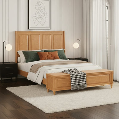 Grand lit-bateau en bois massif de grande taille avec tête de lit haute et banc de rangement de 64 po, sans sommier tapissier, naturel