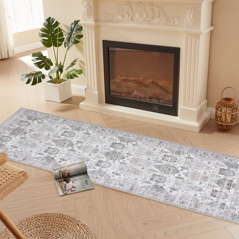 2'X8' Indoor Area Runway Rug, Stain Resistant Washable Doormat, Non-Slip Rubber Backing, Vintage Distressed Rug，Grey