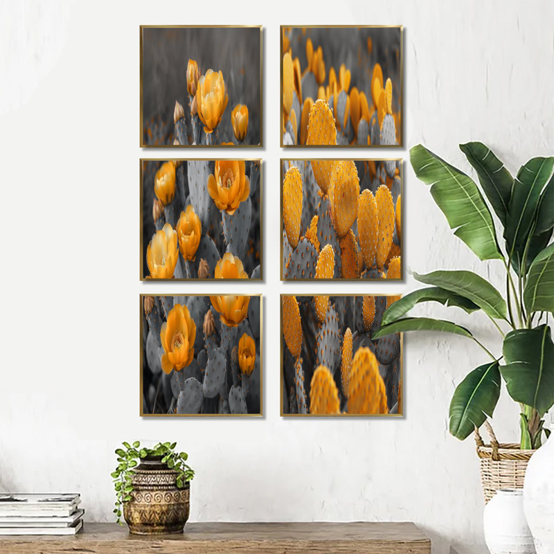 Fleurs de désert monochromes jaunes et grises - ensemble de 6 cactus floraux, Impression encadrée sans passe-partout, Doré