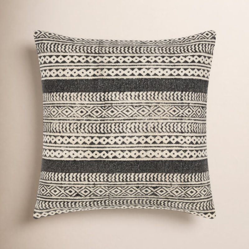 Oreiller carré en coton Zetta, Beige/noir, 18 po x 18 po, Polyester/ bourre en polyester