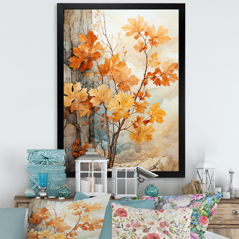 Feuillage abstrait pêche érable sur toile, Cadre photo noir simple, H 44 po x l 34 po x P 1,5 po