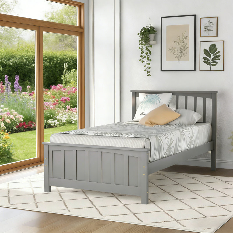Pine Wood Platform Bed Frame with Headboard and Footboard, Kids Bed Frame with Tall Legs and Underbed Storage, No Box Spring Needed, Gray, Twin