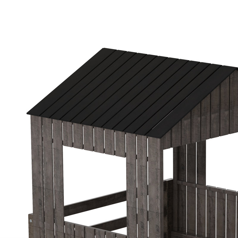Lit superposé en bois avec maisonnette, Gris antique