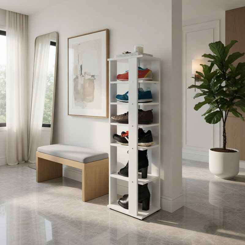 Étagère à chaussures en bois à 7 niveaux - Blanc, noir et brun rustique Support à chaussures en MDF pour le couloir, l'entrée et le patio - Étagère à chaussures verticale 11 po x 10,5 po x 43,5 po
