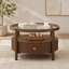 Table basse ronde à finition noyer avec structure en bois massif, plateau de table en verre et tiroir de rangement intégré, table basse Mid-Century circulaire à 2 niveaux pour la décoration du salon