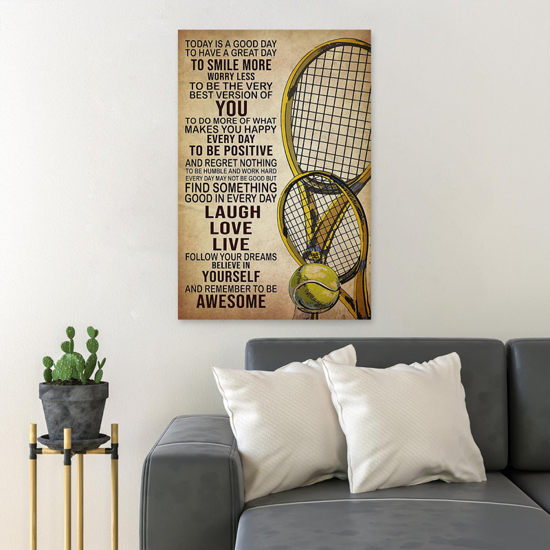 Outils de tennis sur fond brun - Today Is A Good Day - 1 pièce, impression d'art graphique rectangulaire sur toile tendue