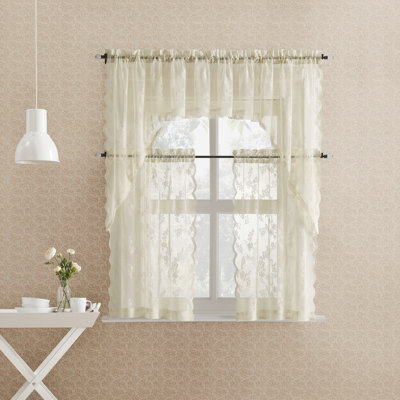 Lillemor Vintage Floral Lace Sheer Rod Pocket Kitchen Curtain Swag