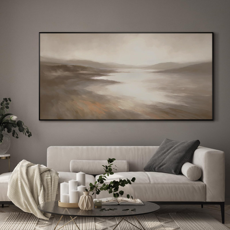 Extra Large Wall Art Fabric Print - Misty Coastal Landscape with Soft Reflections Artwork Decor for Living Room or Bedroom - "Frame Assembly Required (Unfinished Frame)"