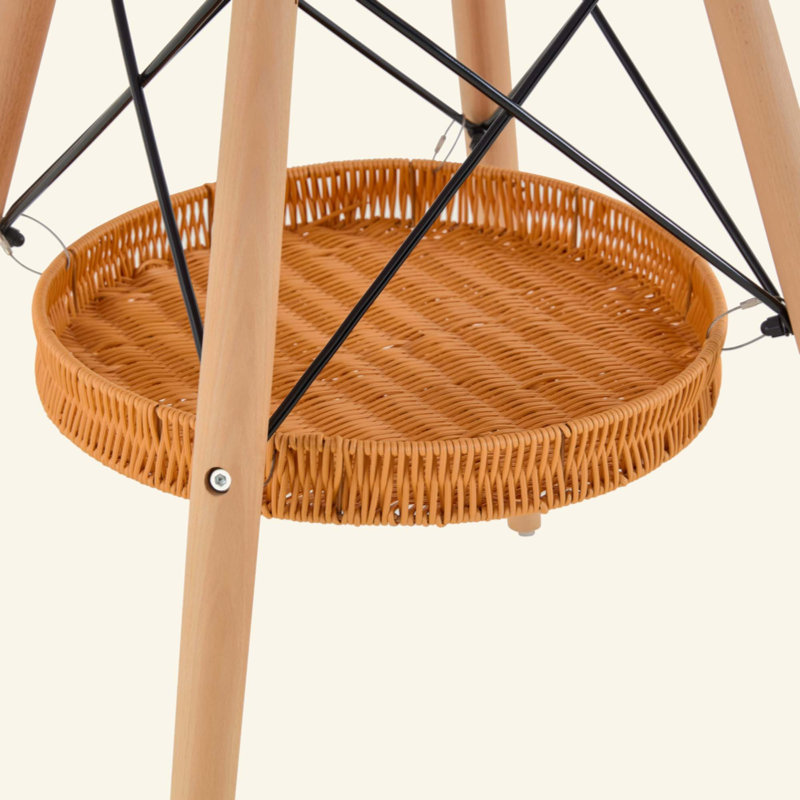 Table de salle à manger ronde, plateau en MDF thermoformé, pieds en bois massif, avec panier de rangement suspendu en osier. Une table basse décontractée, idéale pour 2 à 4 personnes.