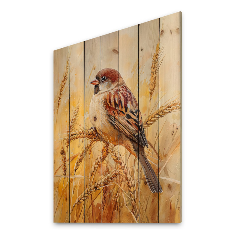 Moineau domestique parmi les épis III - Décoration murale en bois d'oiseau - sur bois de pin naturel