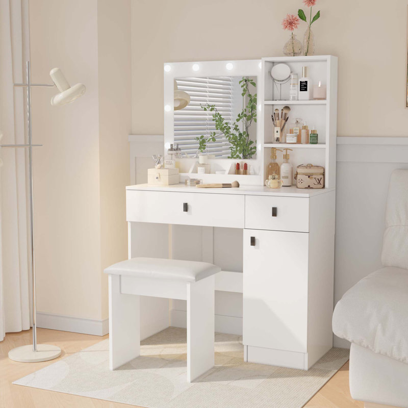 Vanity Desk With Lights,Vanity Set With Mirror,Makeup Vanity Desk With Large Drawers & Three Level Storage Dreeser,Vanitys/Vanities With 3 Lights Brightness Adjustable For Bedroom