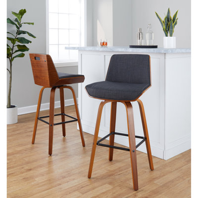 Fixed-Height Barstool With Swivel In Walnut Wood And Charcoal Fabric With Square Black Metal Footrest - Set Of 2