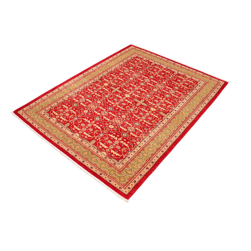 Tapis géométrique rouge en laine noué à la main 6 pi x 8 pi 9 po Baccio