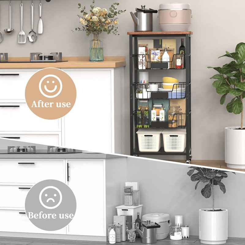 Rangement à 5 niveaux avec paniers et plateau en bois