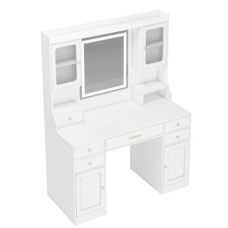 Meuble-lavabo simple avec 6 tiroirs, 2 portes, grand miroir et miroir de maquillage facile à utiliser