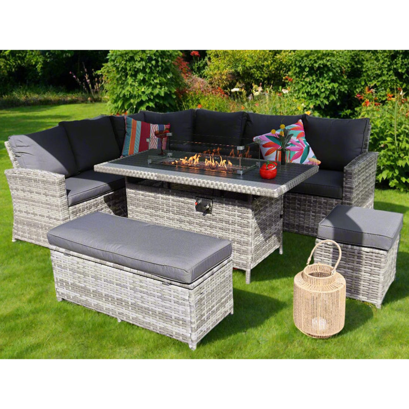 Rosen 9 Seater Corner Sofa  Set With Fire-pit Dining Table With Storage Box & Rain Cover, Grey