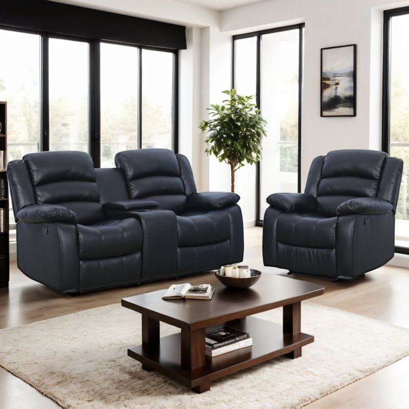 Ensemble de salon inclinable manuel moderne en similicuir 2 pièces , Black