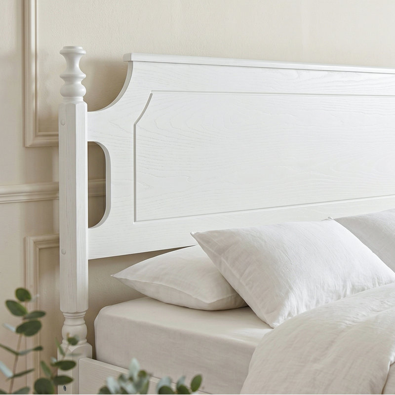 Cadre grand lit avec tête et pied de lit, aucun sommier requis, 12 lattes en bois massif, pieds en métal au centre, anti-bruit et antidérapant, assemblage simple, rangement sous le lit, finition blanc pur