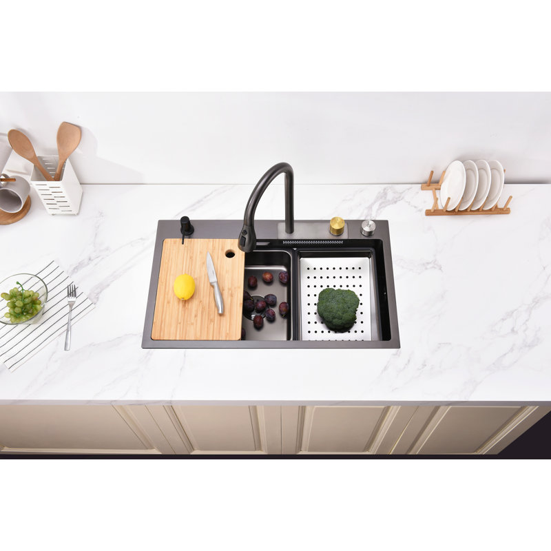 Waterfall Kitchen Sink, Stainless Steel Single Bowl In Black, Multifunctional Workstation With Flying-Rain Faucet And Cutting Board, Stainless Steel Single Bowl Sink