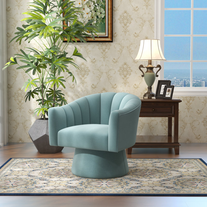 Iryanna 25.2'' Wide Tufted Swivel Barrel Chair, Blue Velvet, 1
