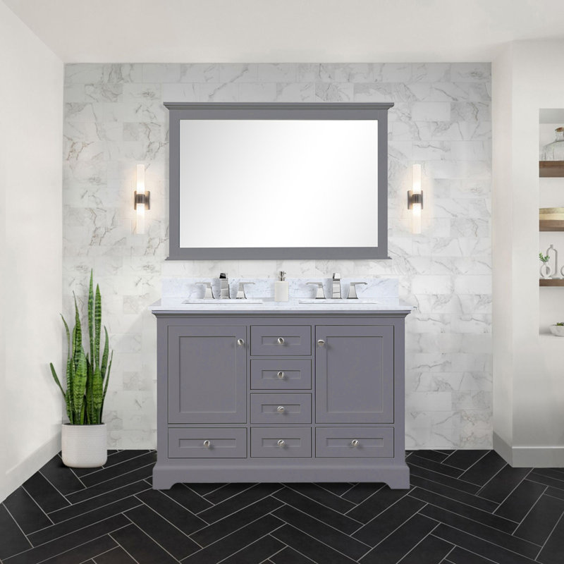 Meuble-lavabo double avec comptoir en marbre de Carrare, Gris foncé