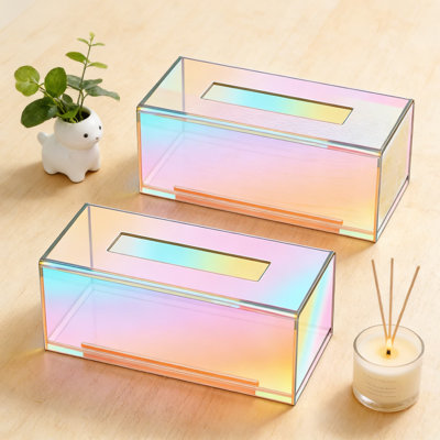 Ensemble de 2 porte-mouchoirs en acrylique, distributeur de mouchoirs rectangulaire iridescent transparent pour mouchoirs, organisateur de salle de bain et de bureau